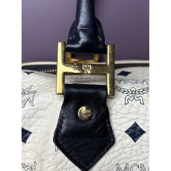 MCM Vintage Navy & White
Visetos Boston Leather Handbag w/Gold MCM Logo - Picture 5 of 16